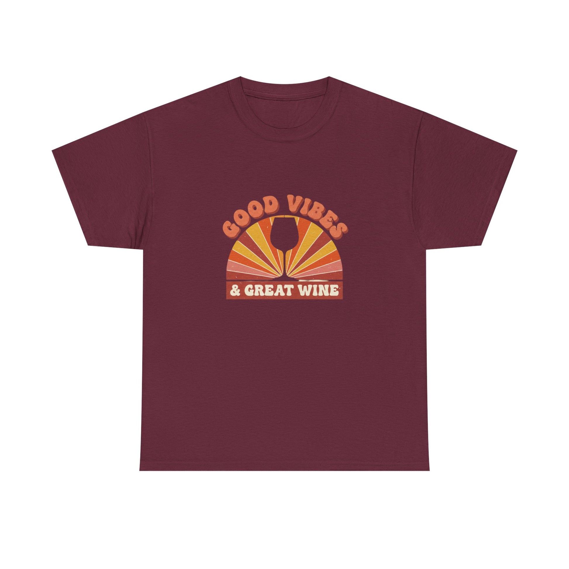 Maroon t-shirt with 'Good Vibes & Great Wine' graphic on a white background