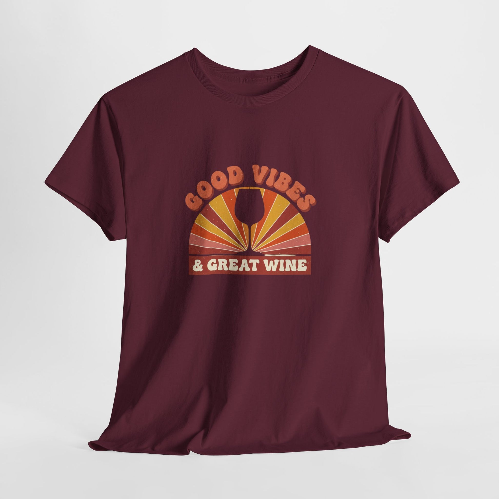 Maroon t-shirt with 'Good Vibes & Great Wine' graphic on a white background