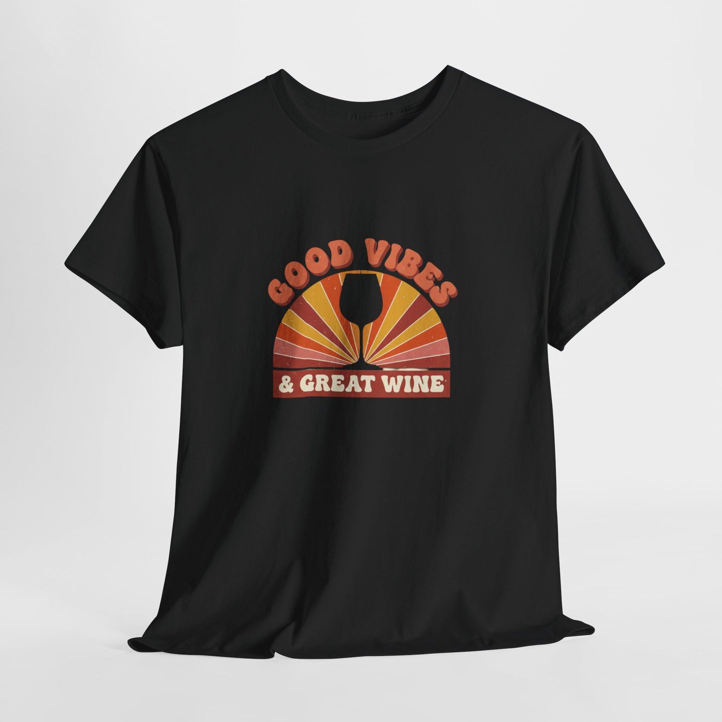 Black t-shirt with 'Good Vibes & Great Wine' design on a white background