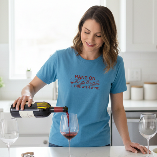 Woman in a kitchen pouring wine, wearing a blue t-shirt with text "Hang on let me overthink this with wine"