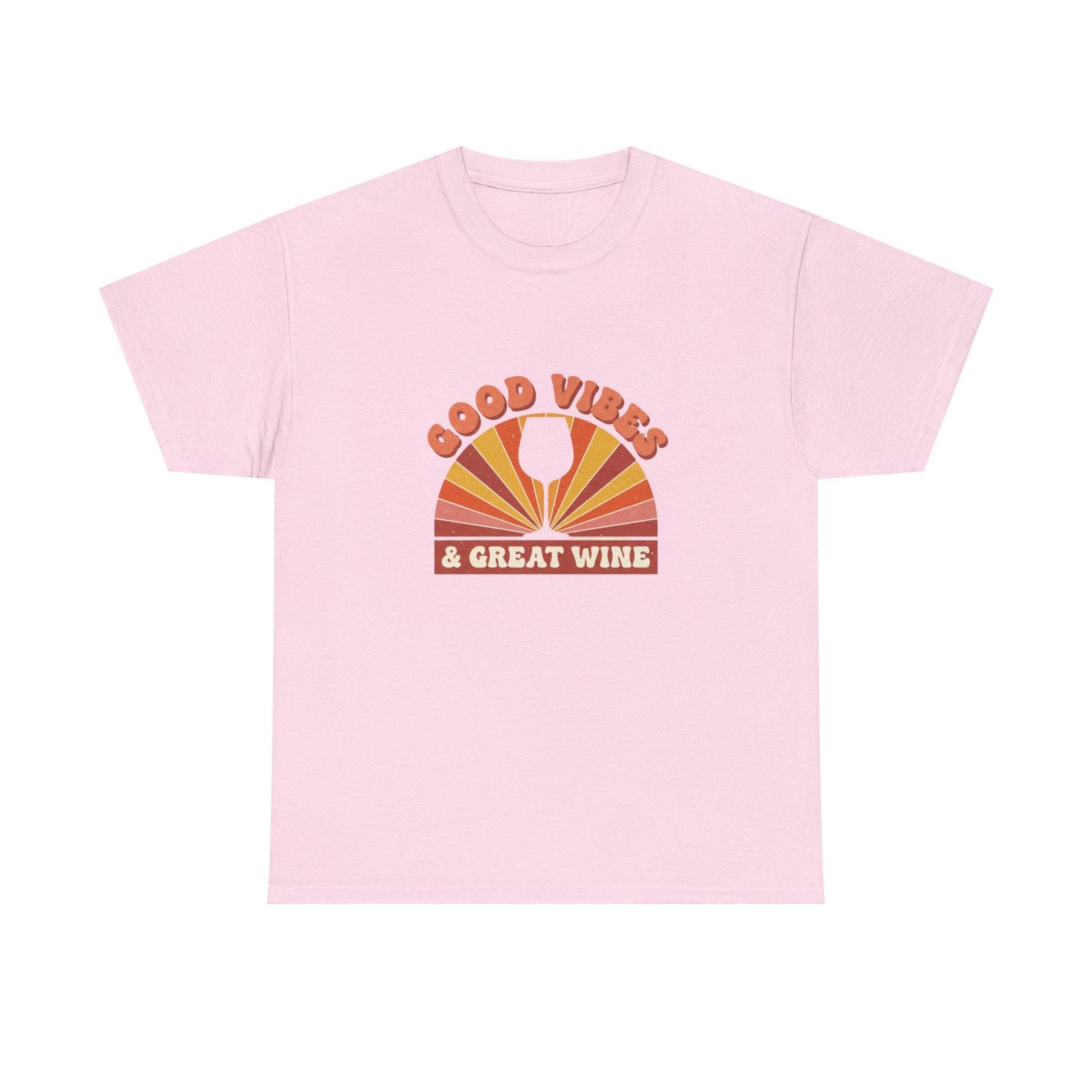 Pink t-shirt with 'Good Vibes & Great Wine' graphic on a white background