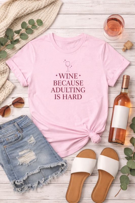 Pink t-shirt with 'Wine because adulting is hard' text, denim shorts, white sandals, and a bottle of wine on a wooden surface.