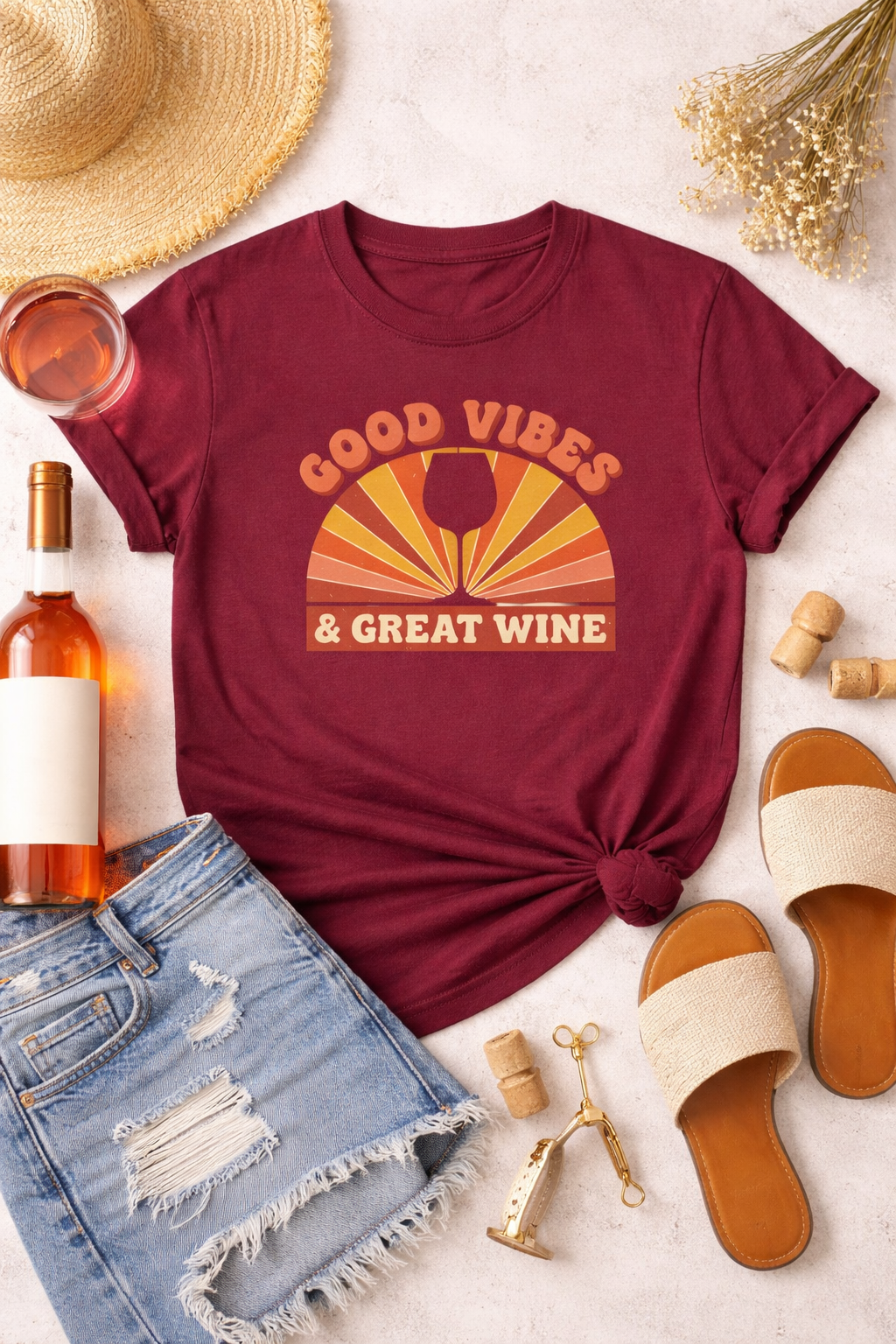 Maroon t-shirt with 'Good Vibes & Great Wine' design, surrounded by wine bottle, cork, sandals, and denim shorts on a light surface.